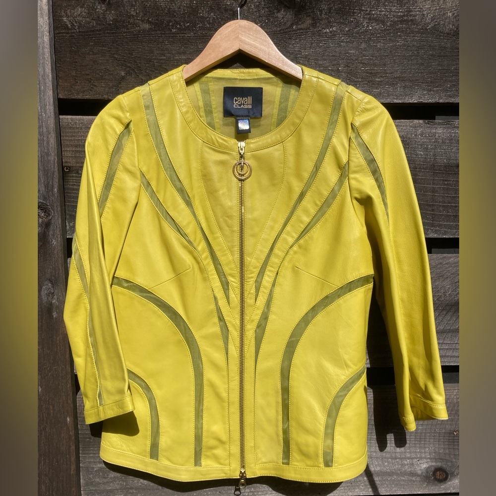 Cavalli CLASS | Leather Jacket | Size 12 | Color: Yellow Chartreuse